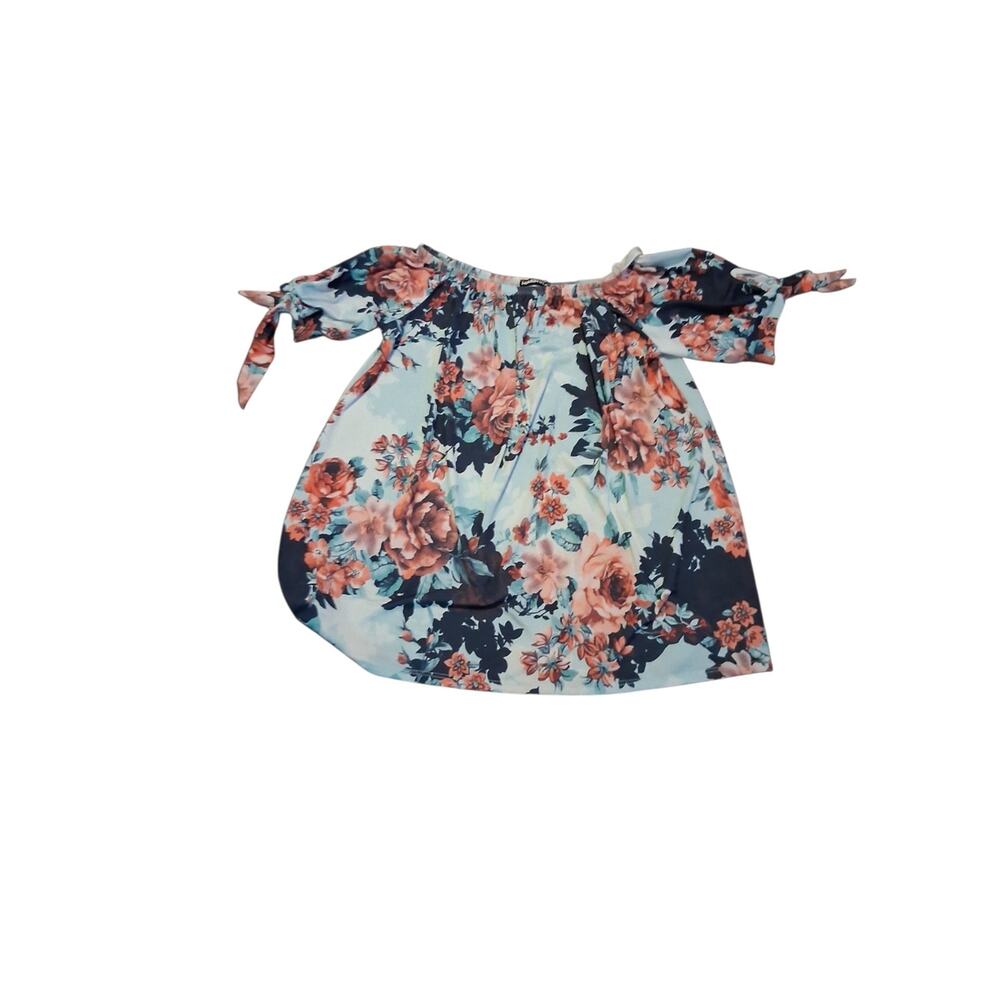HEIMISH USA Off-Shoulder Floral Blouse in Light Blue and Coral Cottagecore Boho - Picture 2 of 7